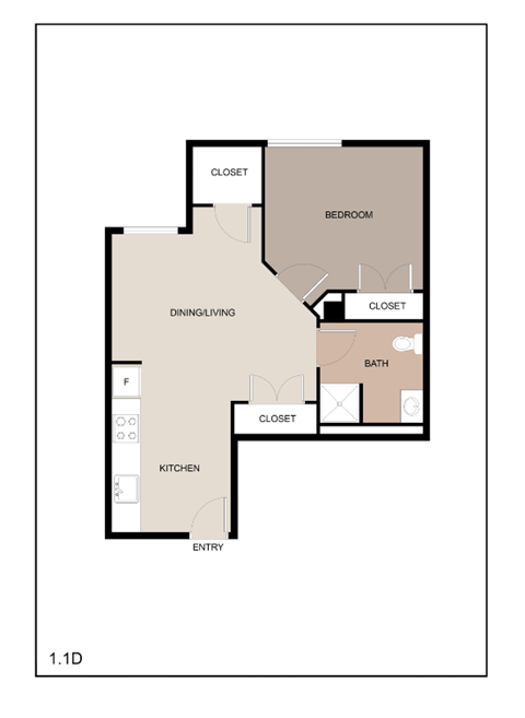 Floor plan for 1 bed, 1 bath, 535 sqft